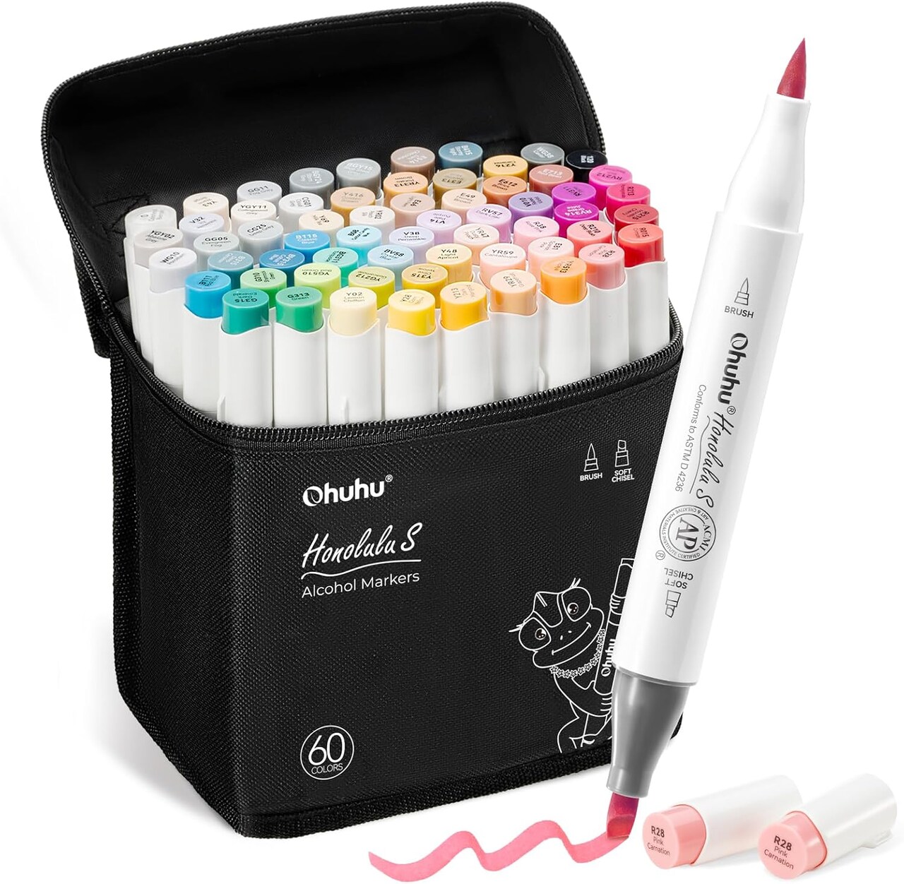 Ohuhu Alcohol Markers: Soft Chisel 60 Illustration-color Red Dot Design Award Winner Brush & Soft Chisel Dual Tips Drawing Markers for Artist Beginner Adult Coloring Illustration Sketching -Honolulu S